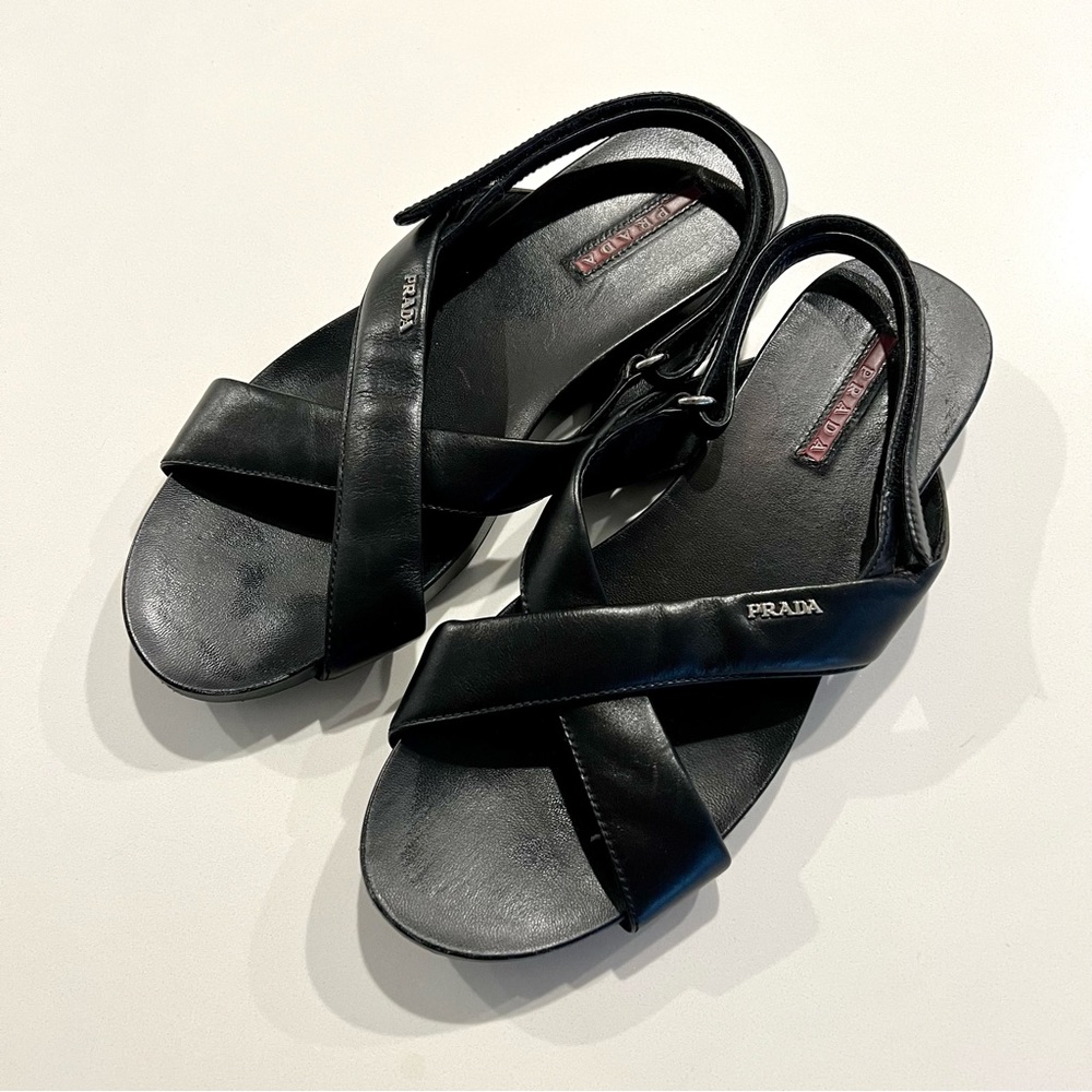 PRADA Black Strappy Leather Sandals Criss Cross Strap Women’s 40 Size 9